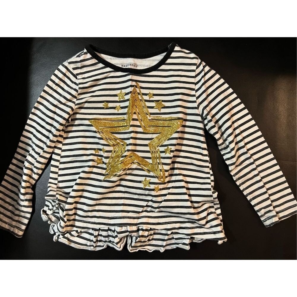 Healthtex Girls 4t Black White Stripped Gold Glitter Star Ruffle Long Sleeve Top